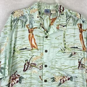 VTG Gotcha Sports Hawaiian Camp Shirt Men L Green Loop Collar Rayon Hula Girl